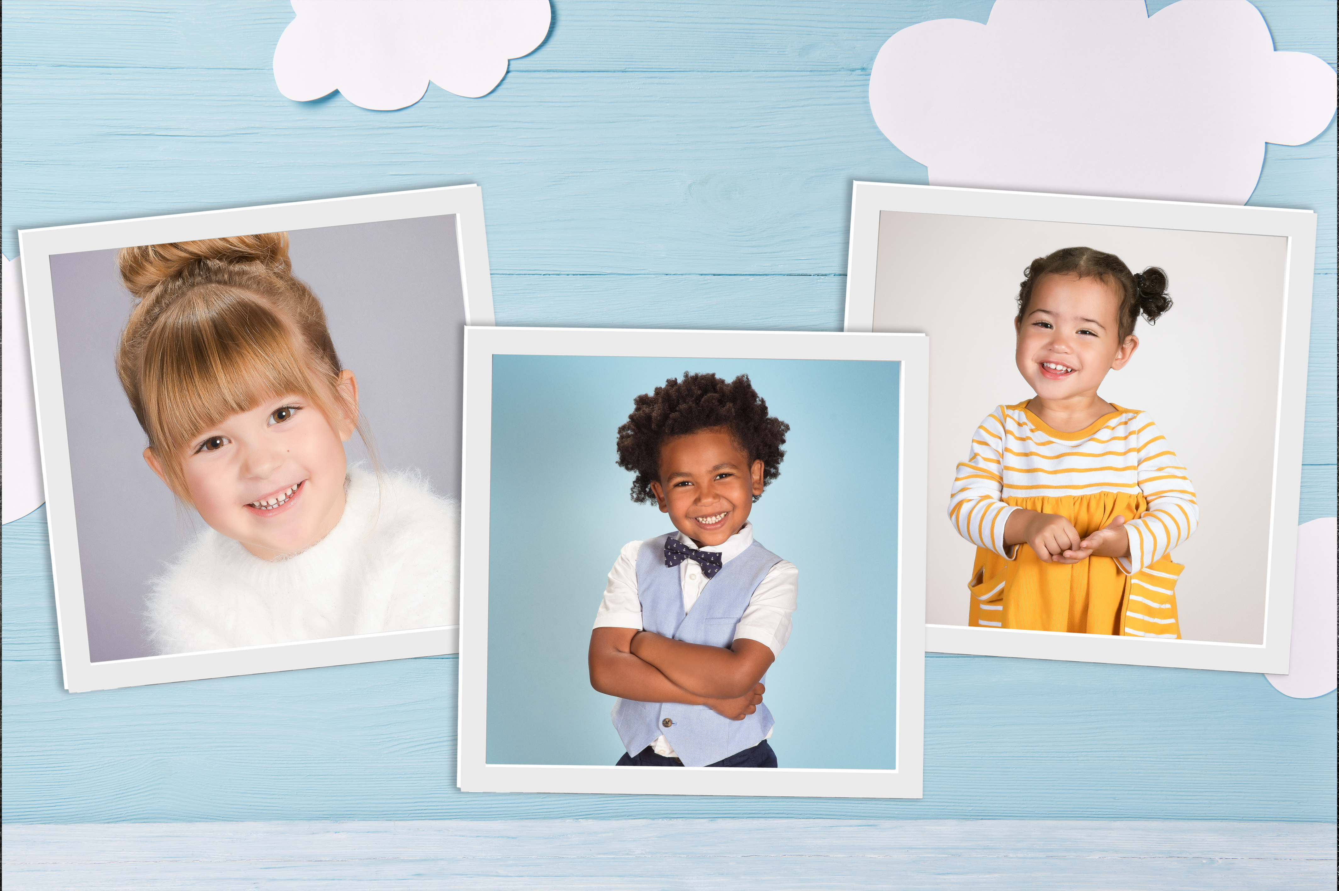 Picture day images of children on a cloud sky background. Article theme is easy hairstyles for picture day.