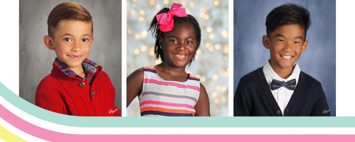 Three school pictures on white background with lines bellow. National School Picture Day Winner Announcement.
