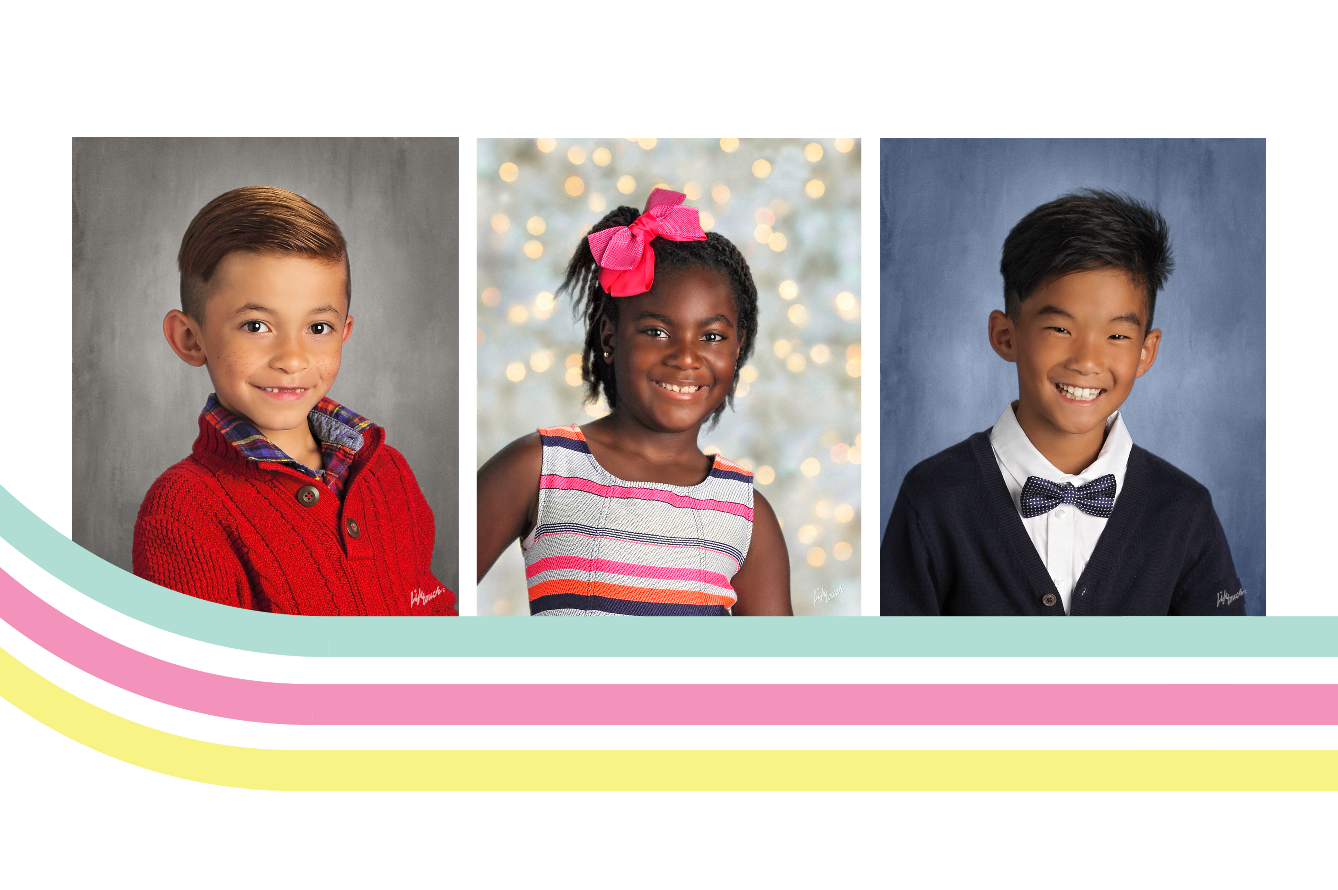 Three school pictures on white background with lines bellow. National School Picture Day Winner Announcement.